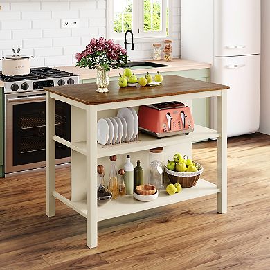 Merax Solid Wood Rustic 3-piece 45" Stationary Kitchen Island Set with 2 Seatings