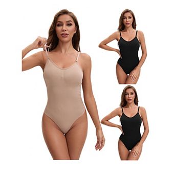 3 Packs Women's Slim Fit Bodysuit Spaghetti Strap Open Backless TummyControl Thong Leotard Shapewear