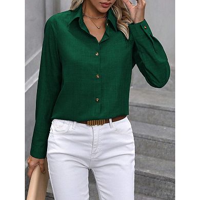 Women's Button down Shirts Classic Linen Work Office Blouse Casual Loose Business Long Sleeve Tops