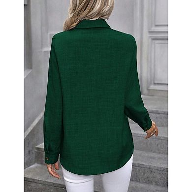 Women's Button down Shirts Classic Linen Work Office Blouse Casual Loose Business Long Sleeve Tops