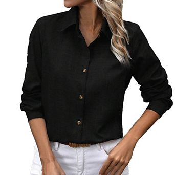 Women's Button down Shirts Classic Linen Work Office Blouse Casual Loose Business Long Sleeve Tops