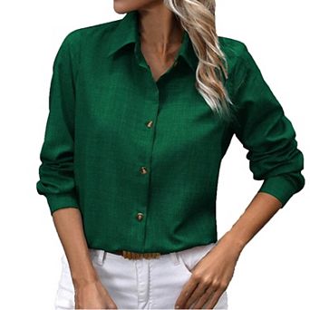 Women's Button down Shirts Classic Linen Work Office Blouse Casual Loose Business Long Sleeve Tops