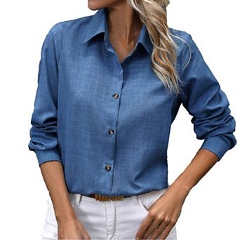 Women's Button down Shirts Classic Linen Work Office Blouse Casual Loose Business Long Sleeve Tops