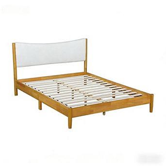 Lufeiya Queen Size Solid Wood Bed with Upholstered Headboard, Platform Bed with Teddy Velvet Cushion