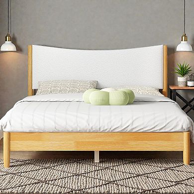Lufeiya Queen Size Solid Wood Bed with Upholstered Headboard, Platform Bed with Teddy Velvet Cushion