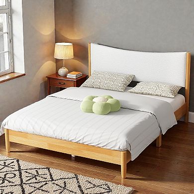 Lufeiya Queen Size Solid Wood Bed with Upholstered Headboard, Platform Bed with Teddy Velvet Cushion