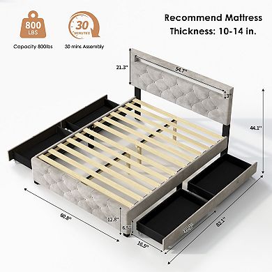 Lufeitya Queen Size Upholstered Platform Storage Bed Frame with 4 Drawers & LED Headboard Light