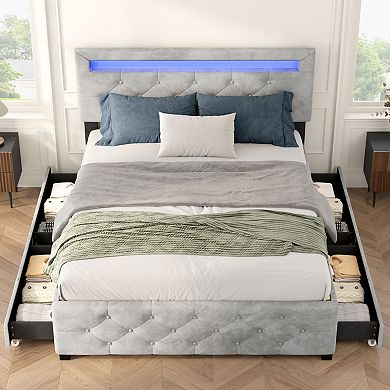 Lufeitya Queen Size Upholstered Platform Storage Bed Frame with 4 Drawers & LED Headboard Light