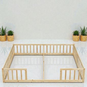 Lufeiya Double Twin Floor Bed with Guardrail Fence, Pine Wood Frame,Two Twin Platform Beds for Kids