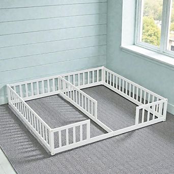 Lufeiya Double Twin Floor Bed with Guardrail Fence, Pine Wood Frame,Two Twin Platform Beds for Kids