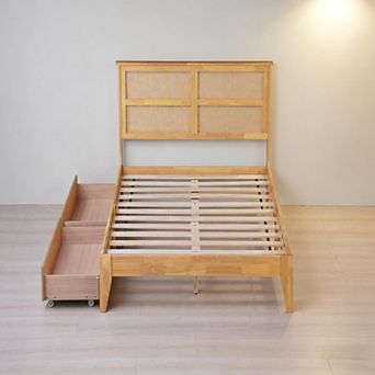 Lufeiya Full Size Bed with Rattan Headboard and Storage Drawers, Rubber Wood Platform Bed