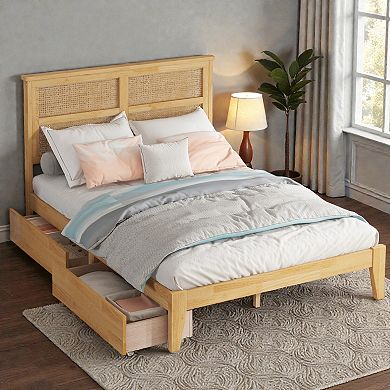 Lufeiya Full Size Bed with Rattan Headboard and Storage Drawers, Rubber Wood Platform Bed