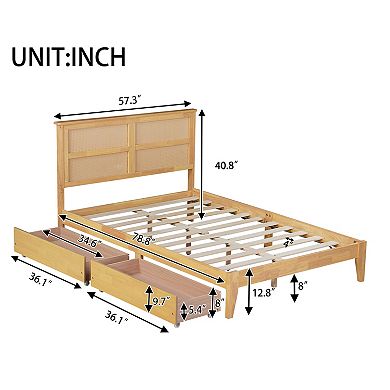 Lufeiya Full Size Bed with Rattan Headboard and Storage Drawers, Rubber Wood Platform Bed