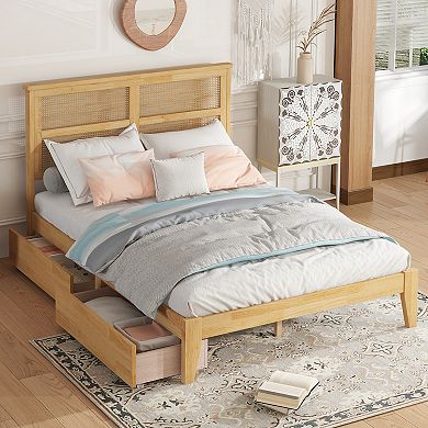 Lufeiya Full Size Bed with Rattan Headboard and Storage Drawers, Rubber Wood Platform Bed
