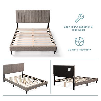 Lufeiya Queen Upholstered Platform Bed Frame with Tufted Channel Headboard,No Box Spring Required