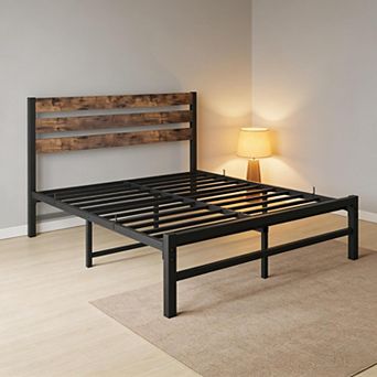 Lufeiya Full Size Platform Bed Frame with Rustic Vintage Wood Headboard, Metal Slats Support