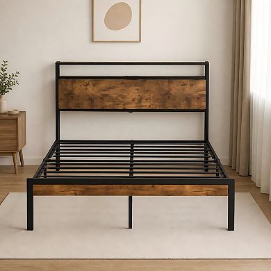 Lufeiya Full Size Platform Bed Frame with Wood Headboard, Metal Slats Support ,USB Liner