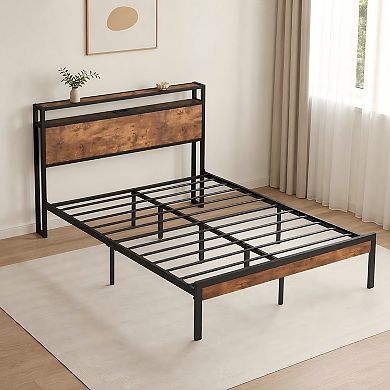 Lufeiya Full Size Platform Bed Frame with Wood Headboard, Metal Slats Support ,USB Liner