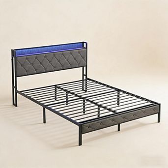 Lufeiya Full/Queen Upholstered Platform Bed Frame with Storage Headboard, RGB LED Lights,Metal Slats
