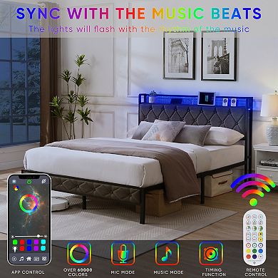 Lufeiya Full/Queen Upholstered Platform Bed Frame with Storage Headboard, RGB LED Lights,Metal Slats
