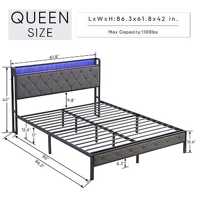 Lufeiya Full/Queen Upholstered Platform Bed Frame with Storage Headboard, RGB LED Lights,Metal Slats