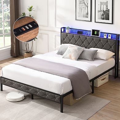 Lufeiya Full/Queen Upholstered Platform Bed Frame with Storage Headboard, RGB LED Lights,Metal Slats