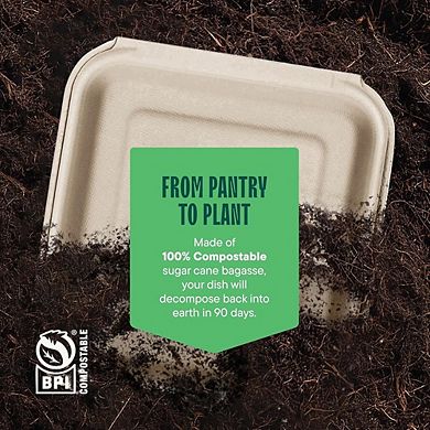 8x8" Compostable Clamshell Takeout Containers, 50-Pack, Eco-Friendly
