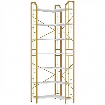 IDEALHOUSE 7 tier L-Shaped Corner Bookshelf, 86" Tall Display & Storage Shelf in White & Gold