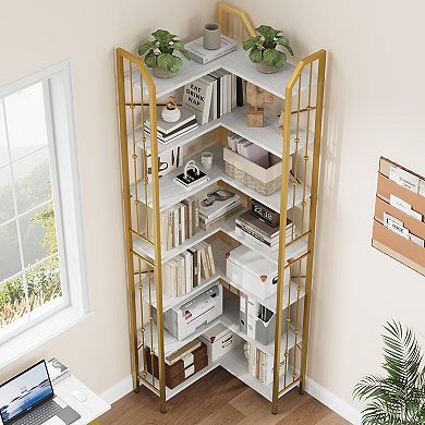 IDEALHOUSE 7-Tier L-Shaped Corner Bookshelf, 86" Tall Display & Storage Shelf in White & Gold
