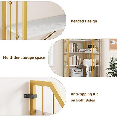 IDEALHOUSE 7-Tier L-Shaped Corner Bookshelf, 86" Tall Display & Storage Shelf in White & Gold