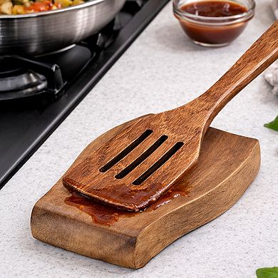 Cheer Collection Teak Wood Spoon Rest with Non-Slip Base, 4.5-Inch Natural Finish