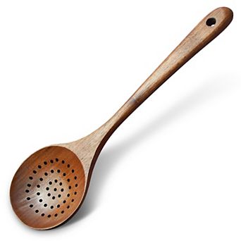 Cheer Collection Teak Wood Strainer Spoon with Draining Slots, 9.5 Inch