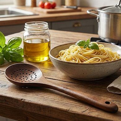 Cheer Collection Teak Wood Strainer Spoon with Draining Slots, 9.5 Inch