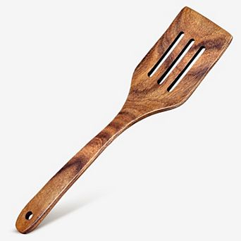 Cheer Collection Teak Wood Slotted Spatula with Drain Slots, Smooth Finish and Hanging Loop