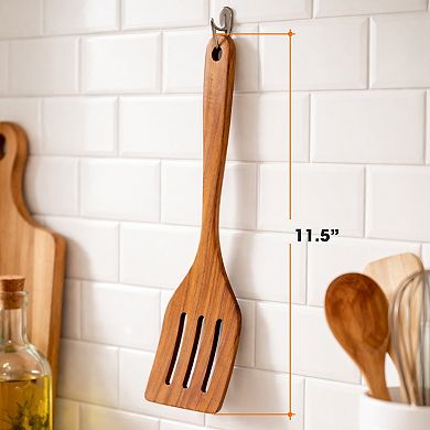 Cheer Collection Teak Wood Slotted Spatula with Drain Slots, Smooth Finish and Hanging Loop