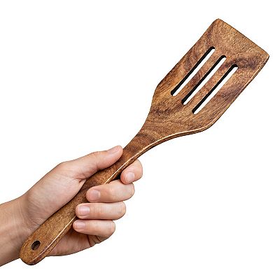 Cheer Collection Teak Wood Slotted Spatula with Drain Slots, Smooth Finish and Hanging Loop