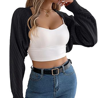 Women's Fashion Hollow-Out Lantern Sleeve Shawl Cardigan Casual Loose Long Sleeve Sweater Top
