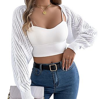 Women's Fashion Hollow-Out Lantern Sleeve Shawl Cardigan Casual Loose Long Sleeve Sweater Top