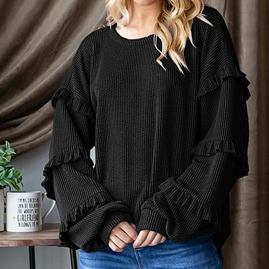 Women's Lantern Sleeve Long Sleeve Hoodie Crew Neck Ruffled Sleeve Striped Loose Versatile Pullover