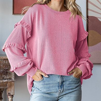 Women's Lantern Sleeve Long Sleeve Hoodie Crew Neck Ruffled Sleeve Striped Loose Versatile Pullover