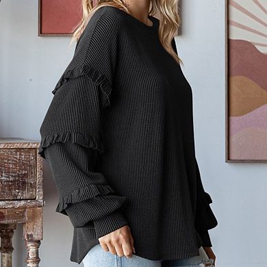 Women's Lantern Sleeve Long Sleeve Hoodie Crew Neck Ruffled Sleeve Striped Loose Versatile Pullover