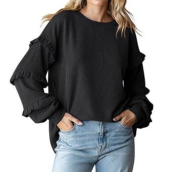 Women's Lantern Sleeve Long Sleeve Hoodie Crew Neck Ruffled Sleeve Striped Loose Versatile Pullover