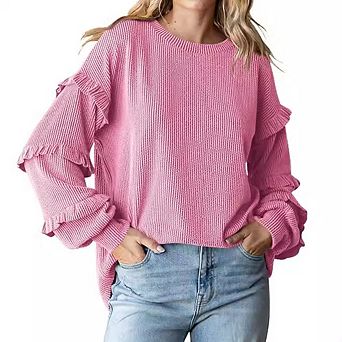 Women's Lantern Sleeve Long Sleeve Hoodie Crew Neck Ruffled Sleeve Striped Loose Versatile Pullover