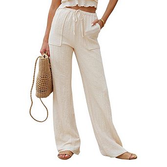 Women High Waisted Casual Pants Loose Straight Leg Elastic Waist with Drawstring Pocketed Long Pants