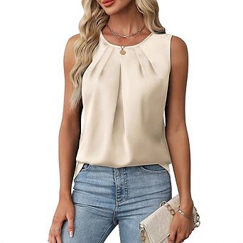 Women Summer Pleated Crew Neck Satin Tank Top Simple Sleeveless Blouse Casual Versatile Pullover Top