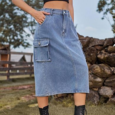 Women's Denim Utility Midi Skirt Classic Multi Pocket Design Stylish Casual Daily Style