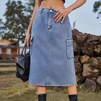 Women's Denim Utility Midi Skirt Classic Multi Pocket Design Stylish Casual Daily Style