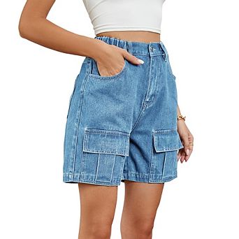 Women Vintage Elastic Waist Denim Shorts Utility Fashion Versatile High Waist Straight Leg Shorts