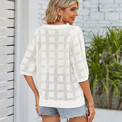 Women's Summer Crew Neck Hollow-Out Short Sleeve Loose Versatile Sun-Protective Knit Sweater Top