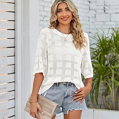 Women's Summer Crew Neck Hollow-Out Short Sleeve Loose Versatile Sun-Protective Knit Sweater Top